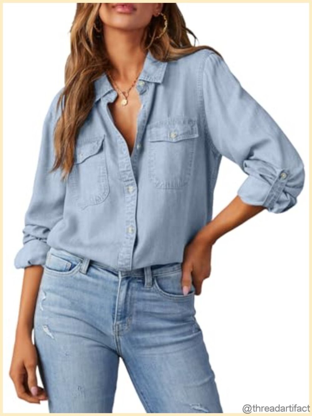 Denim Button Down Shirt Long Sleeve V-Neck Chambray Blouse Top